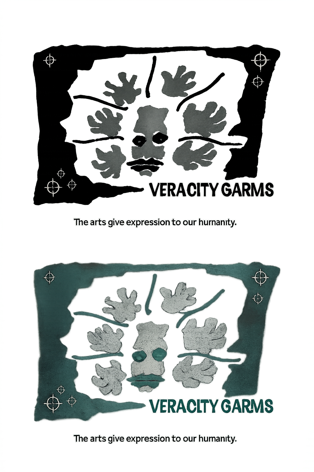 Veracity Garms brand-graphic Rorschach faces with the motto 'The arts give expression to our humanity'