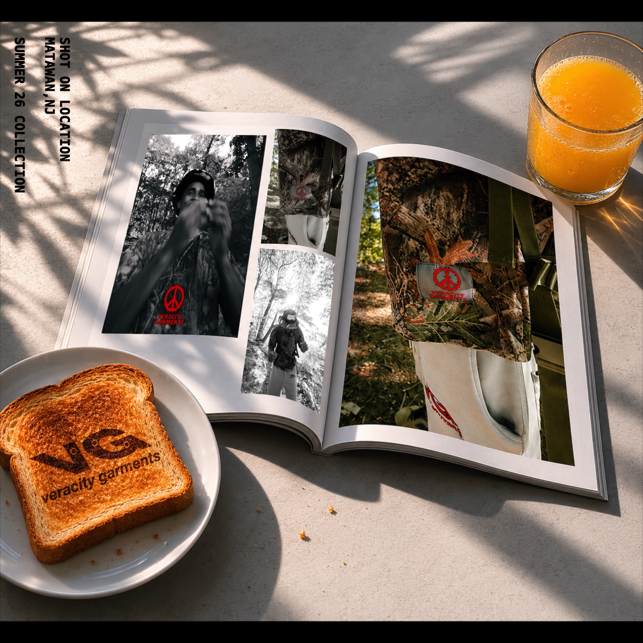Open magazine lookbook with orange juice and toast bearing the VG mark on marble surface.
