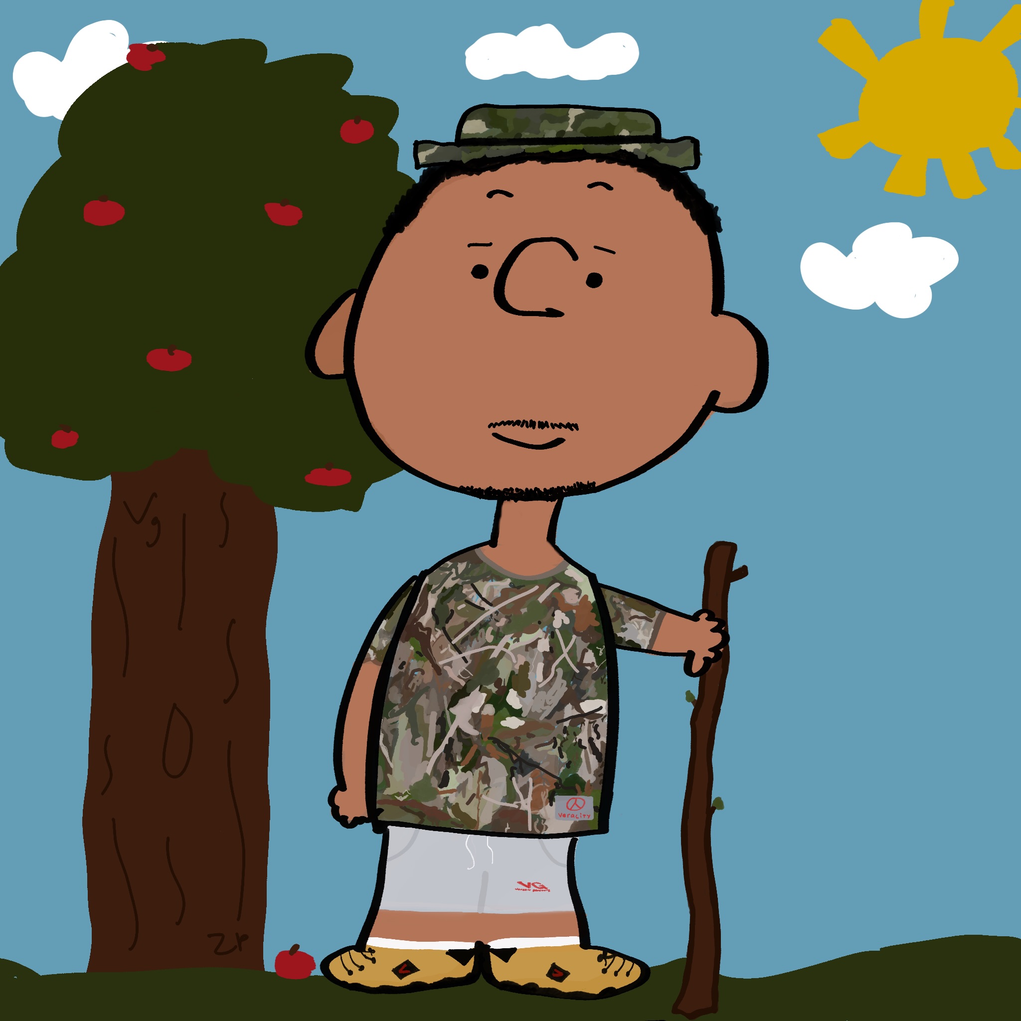 Fat Albert character in camo tee under apple tree
